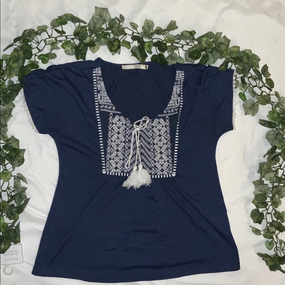 Blue Short Sleeve Top with Lace Accents - Picture 1 of 4